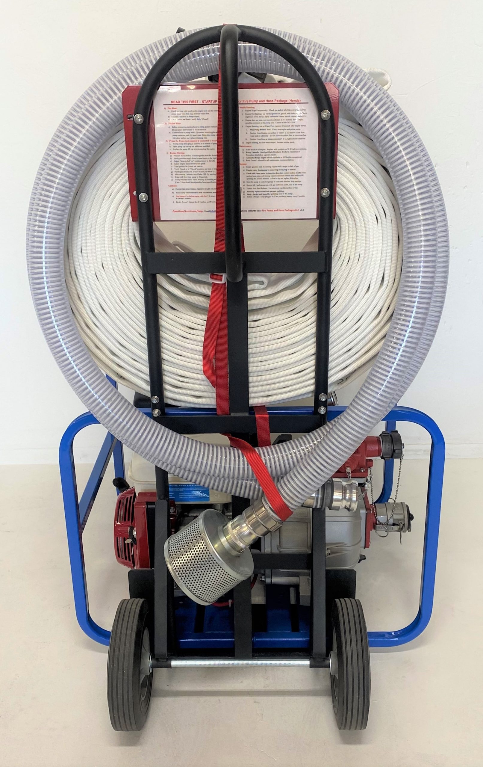 A high-pressure fire pump and engine package with a blue frame