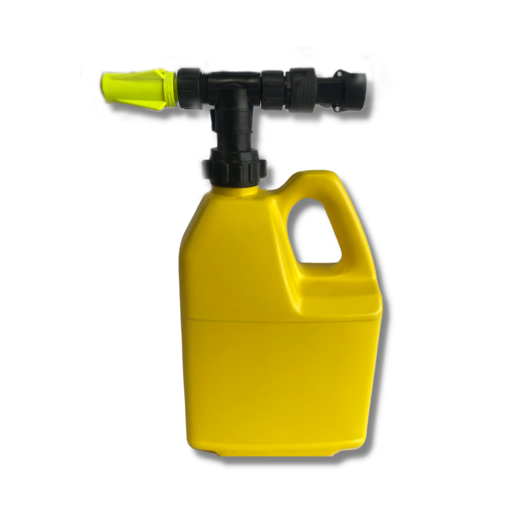 A firefighting nozzle attached to a yellow gallon
