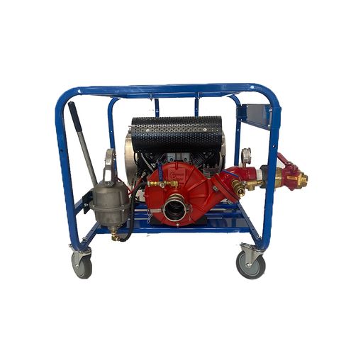 A red fire pump on a blue trolley